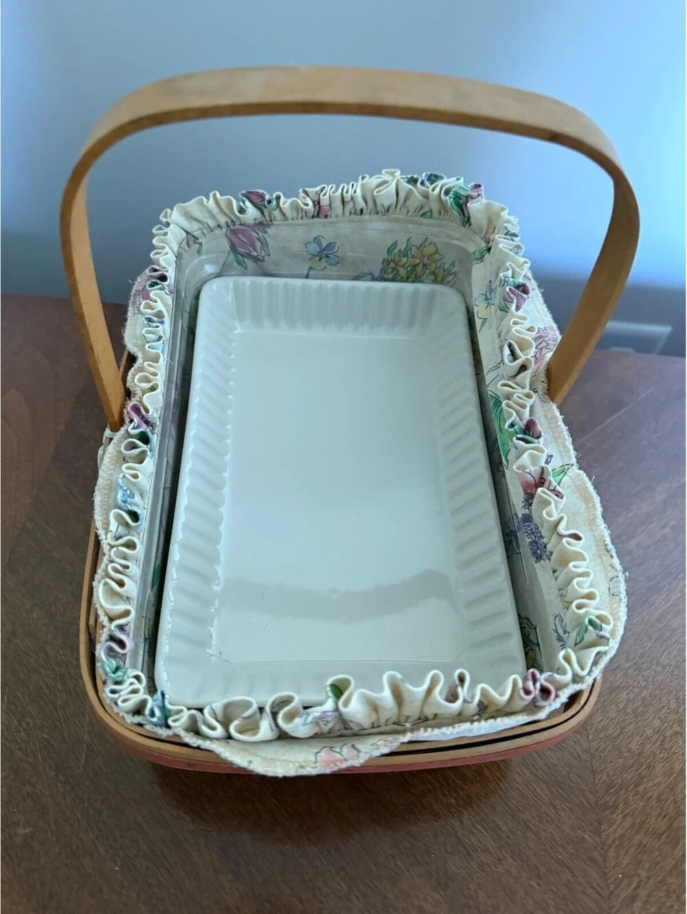 2000 Longaberger Early Blossom Basket w/Liner Protector Plate 2 Pots & Tie-On